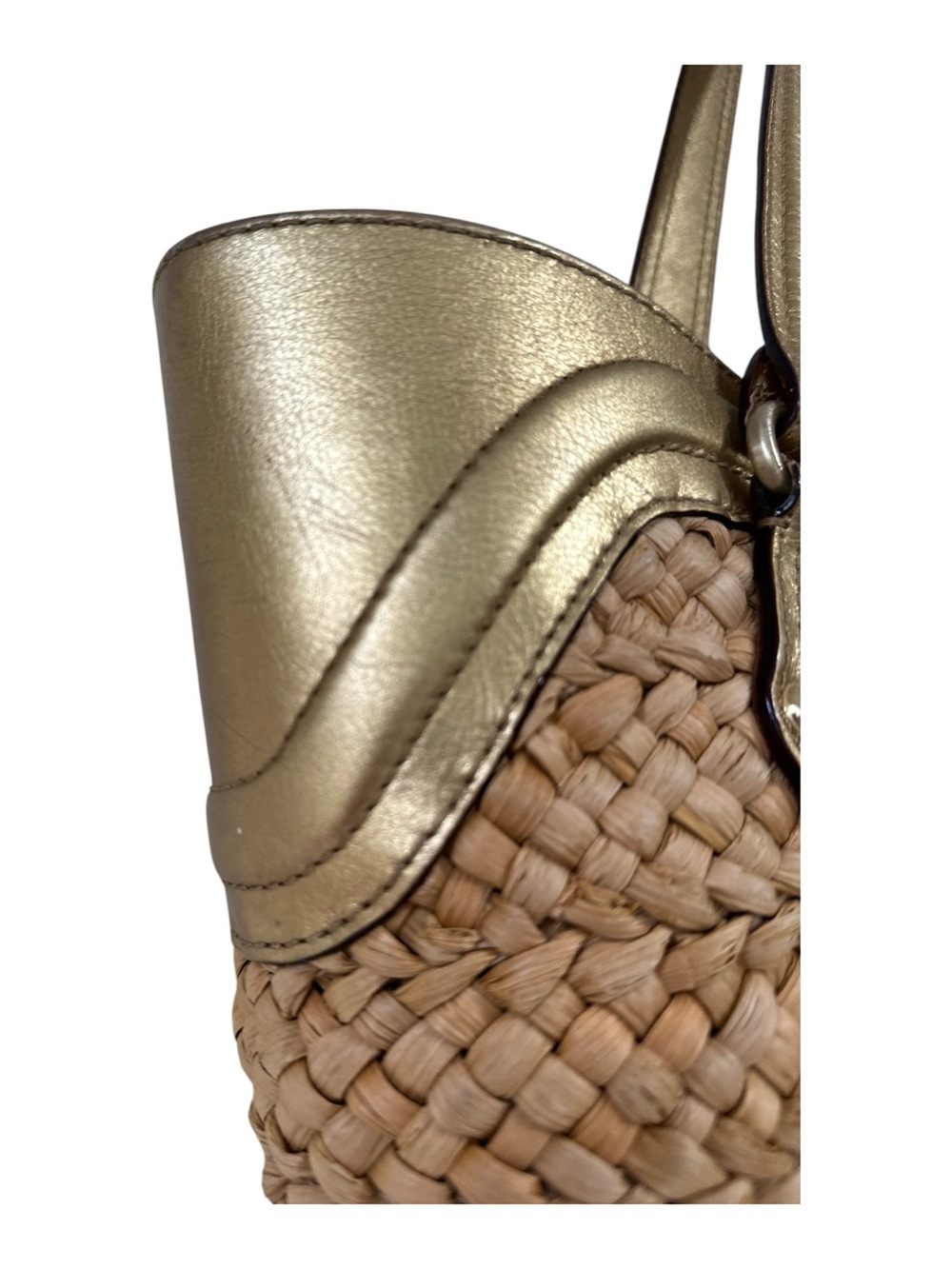 Rare Michael Kors Antique Gold Woven Wicker Tote Purse Preowned fair/good cond. - Picture 3 of 7